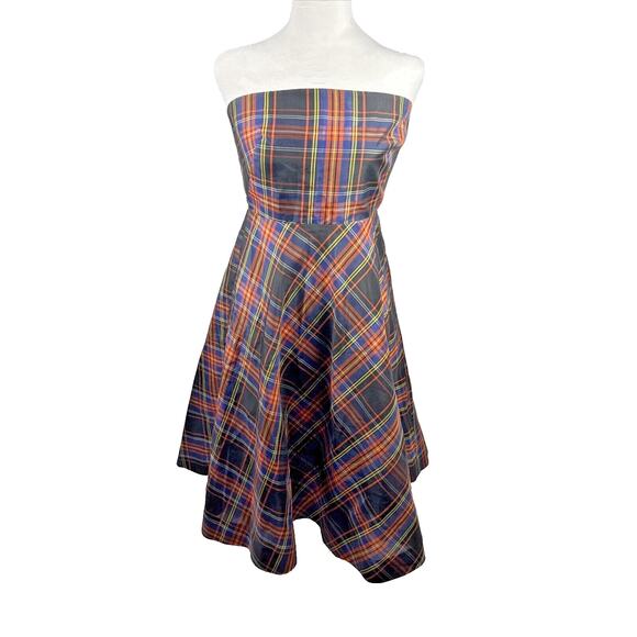 J. CREW Women Sz 6 100% Silk Tartan‎ Plaid Strapless Fit n Flare Dress $250 MSRP - Picture 1 of 7